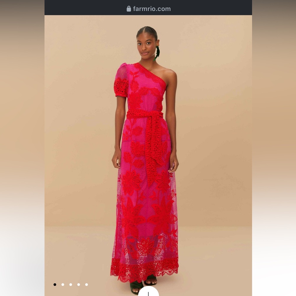 Farm Rio Red Guipuire Bicolor One Shoulder Maxi Dress NWT size S